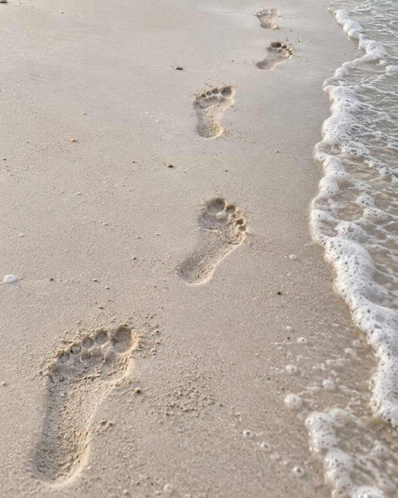 Huellas descalzas sobre la arena camino al mar